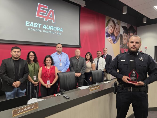 Officer Chaidez was honored with the Hometown Hero Award by the East Aurora School District 131 Board of Education for his courage and life-saving actions.