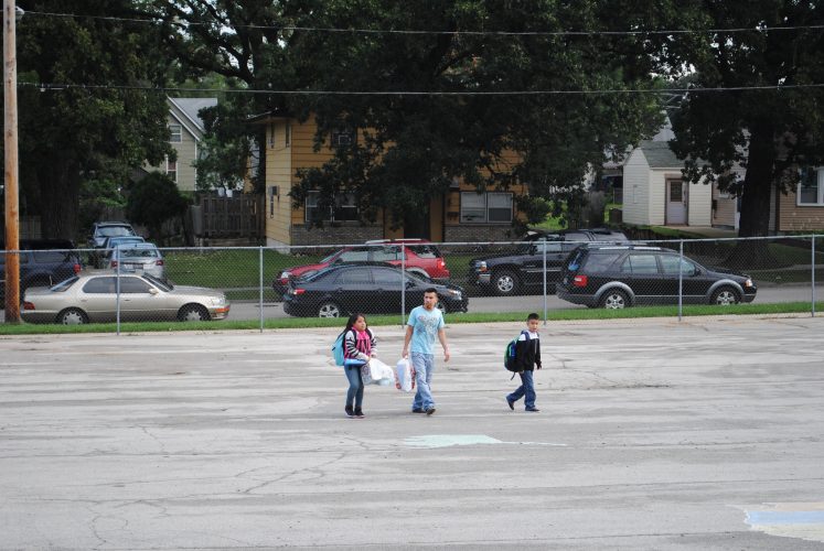 Students walking to line up.