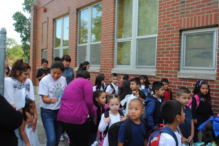 Kindergarten students lining up.