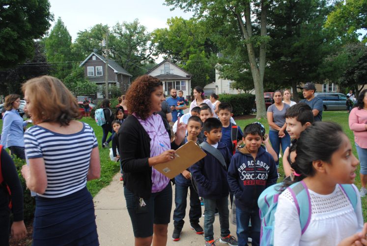 Students lined up with their teacher.